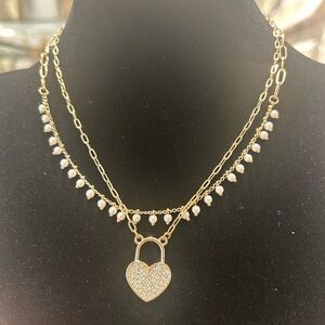 Forever 21 Gold-Tone Layered Heart Lock Necklace with Pearl Drops